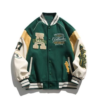 Vintage Spliced Creative Letter Embroidery Stand Collar Baseball Suit for Men's Jackets
