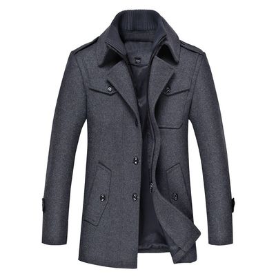 Double-layer Collar Men's Woolen Coat with Woven Woolen Fabric and Vintage Decoration