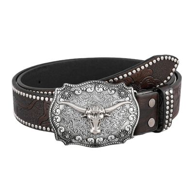 Unisex Vintage Cow Head Embossed PU Leather Belt with Buckle Fastening Western Rivet Belt