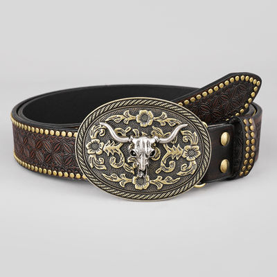 Unisex Vintage Cow Head Embossed PU Leather Belt with Buckle Fastening Western Rivet Belt
