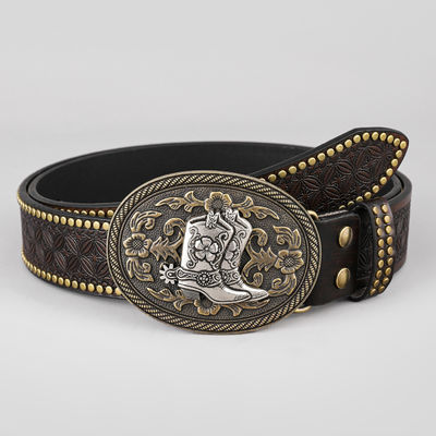 Unisex Vintage Cow Head Embossed PU Leather Belt with Buckle Fastening Western Rivet Belt