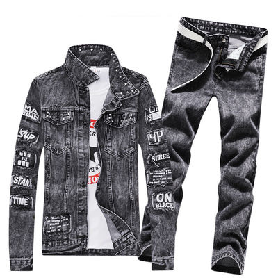 Men's Outdoor Denim Suit Single-Breasted Jackets with Polyester/Denim Blend Material