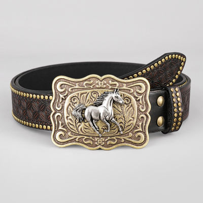 Unisex Vintage Cow Head Embossed PU Leather Belt with Buckle Fastening Western Rivet Belt
