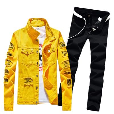 Men's Outdoor Denim Suit Single-Breasted Jackets with Polyester/Denim Blend Material