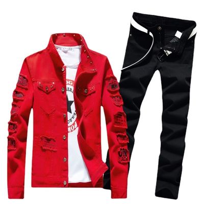 Men's Outdoor Denim Suit Single-Breasted Jackets with Polyester/Denim Blend Material