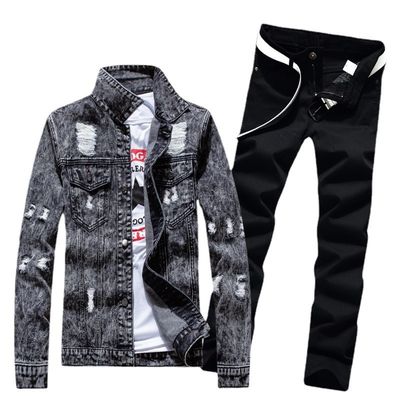 Men's Outdoor Denim Suit Single-Breasted Jackets with Polyester/Denim Blend Material