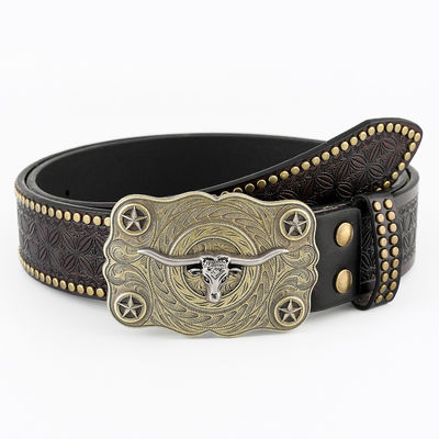 Unisex Vintage Cow Head Embossed PU Leather Belt with Buckle Fastening Western Rivet Belt