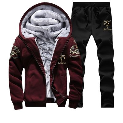 100% Polyester Long Sleeve Men's Thickened Hooded Two-Piece Set for Winter Sports