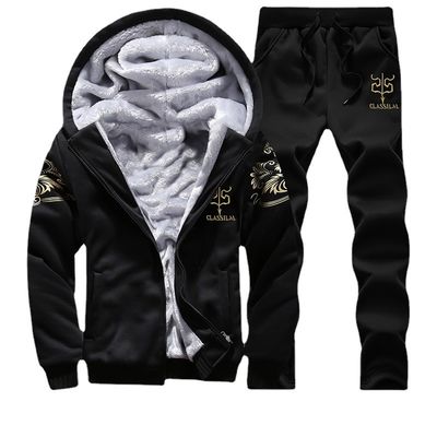 100% Polyester Long Sleeve Men's Thickened Hooded Two-Piece Set for Winter Sports