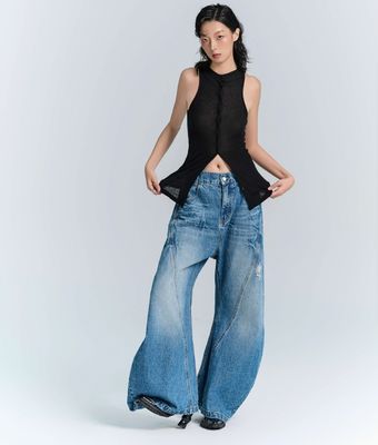 Denim Fabric Deconstructed Wide Leg Jeans for Men and Women in Plus Size Streetwear