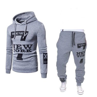 Solid Pattern Pullover Sweatshirt Sport Fleece Wear Hoodie And Jogger Set For Men