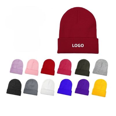 Custom Logo Embroidery Unisex Acrylic Knit Cuffed Cap Warm Winter Knit Hats Beanie for SKI