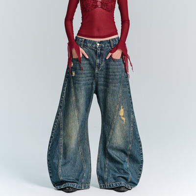 Streetwear Fashion Y2K Style Wide Straight Leg Fit Denim Jeans with Hole Decoration
