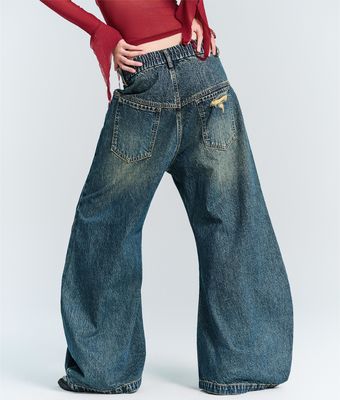 Streetwear Fashion Y2K Style Wide Straight Leg Fit Denim Jeans with Hole Decoration