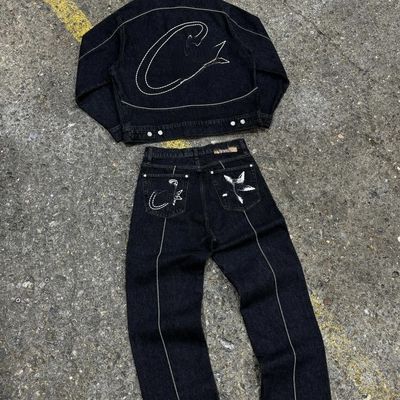 Men's Oversized Tracksuit Casual Custom Jacket Suit 2 Piece Sets with Denim Fabric