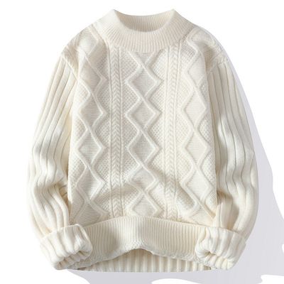 Men's Crew Neck Sweater Knitted with Thick Fabric and Patchwork Pattern in Winter