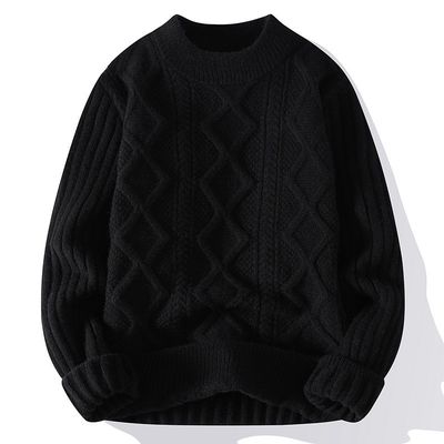 Men's Crew Neck Sweater Knitted with Thick Fabric and Patchwork Pattern in Winter