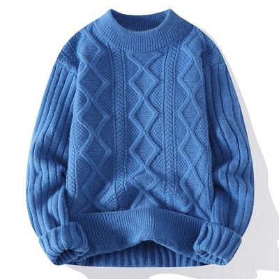 Men's Crew Neck Sweater Knitted with Thick Fabric and Patchwork Pattern in Winter