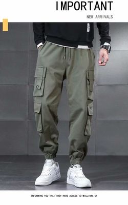 XMAMLON Custom Logo Men's Cargo Pants with Drawstring Waist and Polyester/Cotton Fabric