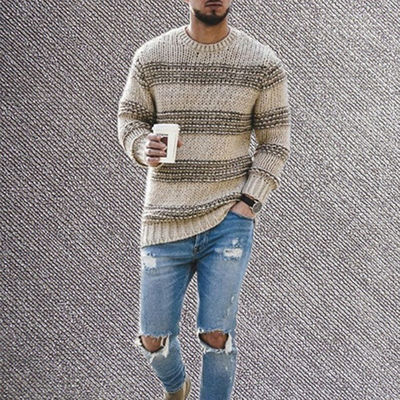 NO Needle Detection Men's Striped Sweater for Casual Wear 2023 Round Neck Knitted Top