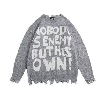 Men's Standard Thickness Round Neck Knitwear Coat with Letters Loose Fit Sweater