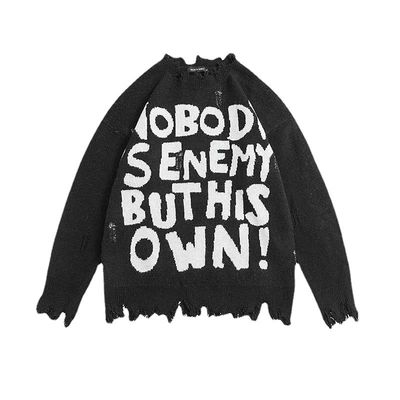 Men's Standard Thickness Round Neck Knitwear Coat with Letters Loose Fit Sweater