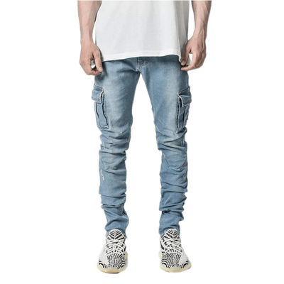 Men's Cargo Skinny Jeans with Side Pockets Quick Dry Denim Pants
