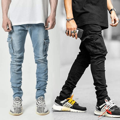 Men's Cargo Skinny Jeans with Side Pockets Quick Dry Denim Pants