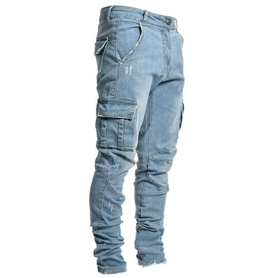 Men's Cargo Skinny Jeans with Side Pockets Quick Dry Denim Pants