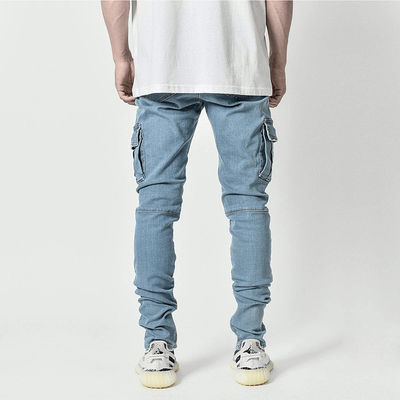 Men's Cargo Skinny Jeans with Side Pockets Quick Dry Denim Pants