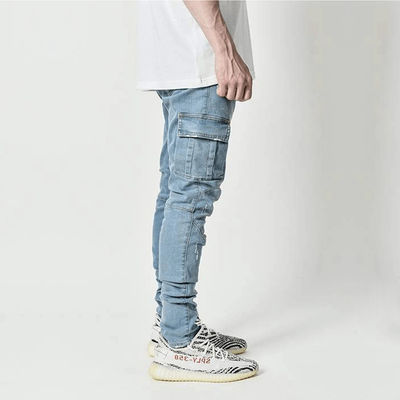 Men's Cargo Skinny Jeans with Side Pockets Quick Dry Denim Pants