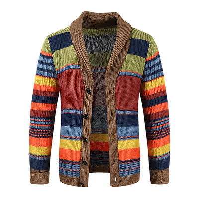 Men's Rainbow Sweater Coat Autumn and Winter Lapel Color Knit Cardigan Top Performance