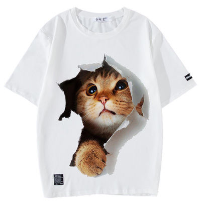 Woven Print Custom Logo Men's T-Shirt with Printed Pattern and 3D Anime Cat Kitty