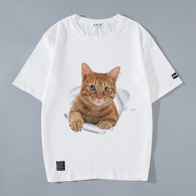Woven Print Custom Logo Men's T-Shirt with Printed Pattern and 3D Anime Cat Kitty