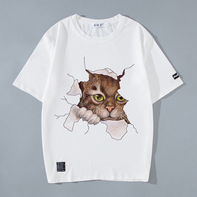 Woven Print Custom Logo Men's T-Shirt with Printed Pattern and 3D Anime Cat Kitty