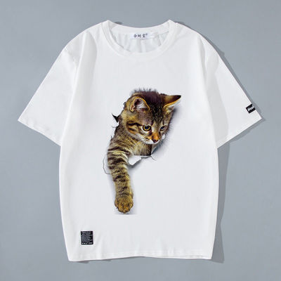 Woven Print Custom Logo Men's T-Shirt with Printed Pattern and 3D Anime Cat Kitty