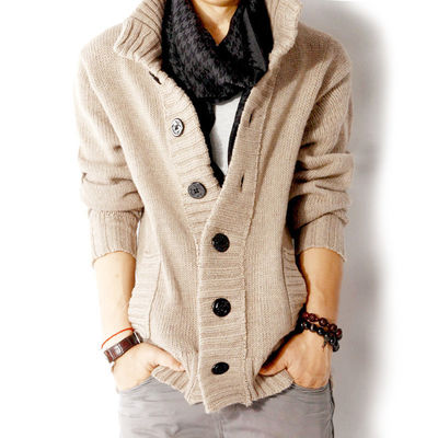 Autumn Winter Men's Stand Collar Sweater with Thick Needle and Single Breasted Buckle