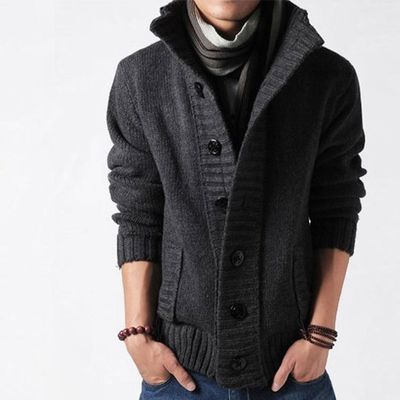 Autumn Winter Men's Stand Collar Sweater with Thick Needle and Single Breasted Buckle