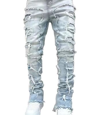 Street Style Men's Boot Cut Light Blue Damaged Tassel Applique Jeans Spandex/Cotton