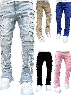 Street Style Men's Boot Cut Light Blue Damaged Tassel Applique Jeans Spandex/Cotton