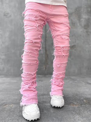 Street Style Men's Boot Cut Light Blue Damaged Tassel Applique Jeans Spandex/Cotton