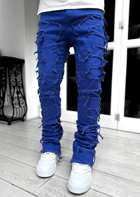 Street Style Men's Boot Cut Light Blue Damaged Tassel Applique Jeans Spandex/Cotton