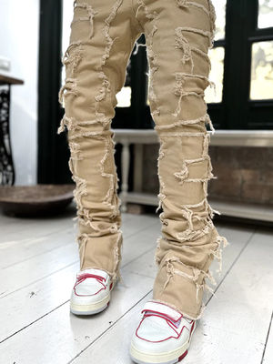 Street Style Men's Boot Cut Light Blue Damaged Tassel Applique Jeans Spandex/Cotton