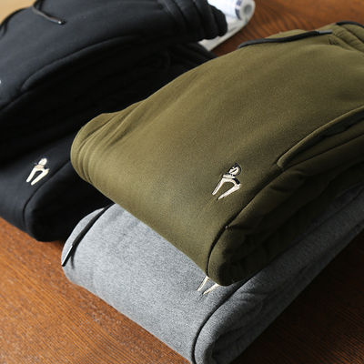 100% Cotton Embroidery Men's Fleece Lined Joggers Padded Warm Pants Trousers for Mid Waist