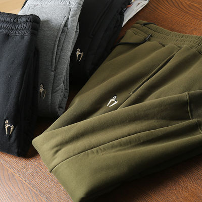 100% Cotton Embroidery Men's Fleece Lined Joggers Padded Warm Pants Trousers for Mid Waist