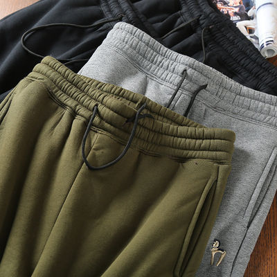 100% Cotton Embroidery Men's Fleece Lined Joggers Padded Warm Pants Trousers for Mid Waist