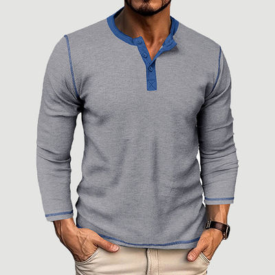 Long Sleeve Blank Men's Henley Cotton T-shirts Lightweight Button Tees with Round Neck