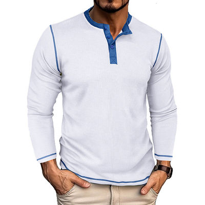 Long Sleeve Blank Men's Henley Cotton T-shirts Lightweight Button Tees with Round Neck