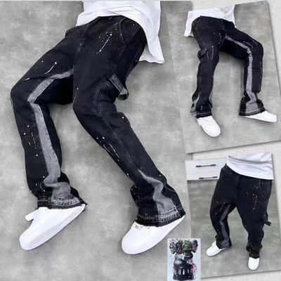 High Street Men's Straight Jeans with Printed Design and Slight Flare in Dark Wash