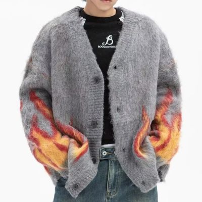 Computer Knitted Winter Flame Jacquard V-neck Men's Sweater for Casual Comfortability